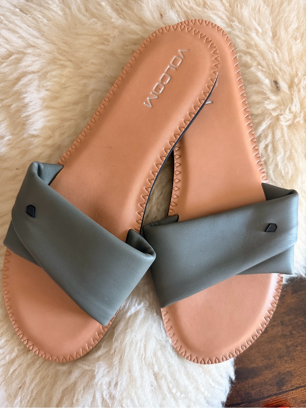 Volcom Olive Green Twisted Strap Slide Sandals